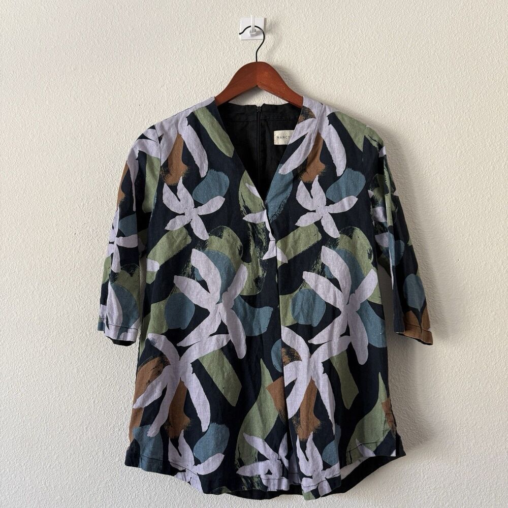 Nancybird Linen Blend Blouse Womens S Multicolor Abstract Floral V-Neck 3/4 Zip